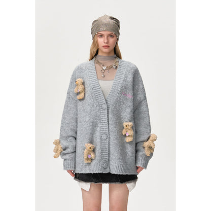 13De Marzo Drilled Bear V-Neck Knit Cardigan Gray