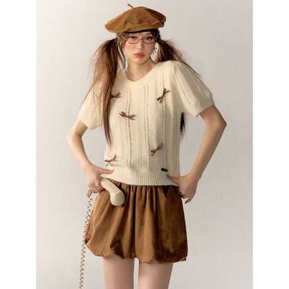 AsGony Bow Tie Puff Sleeve Knit Top Beige