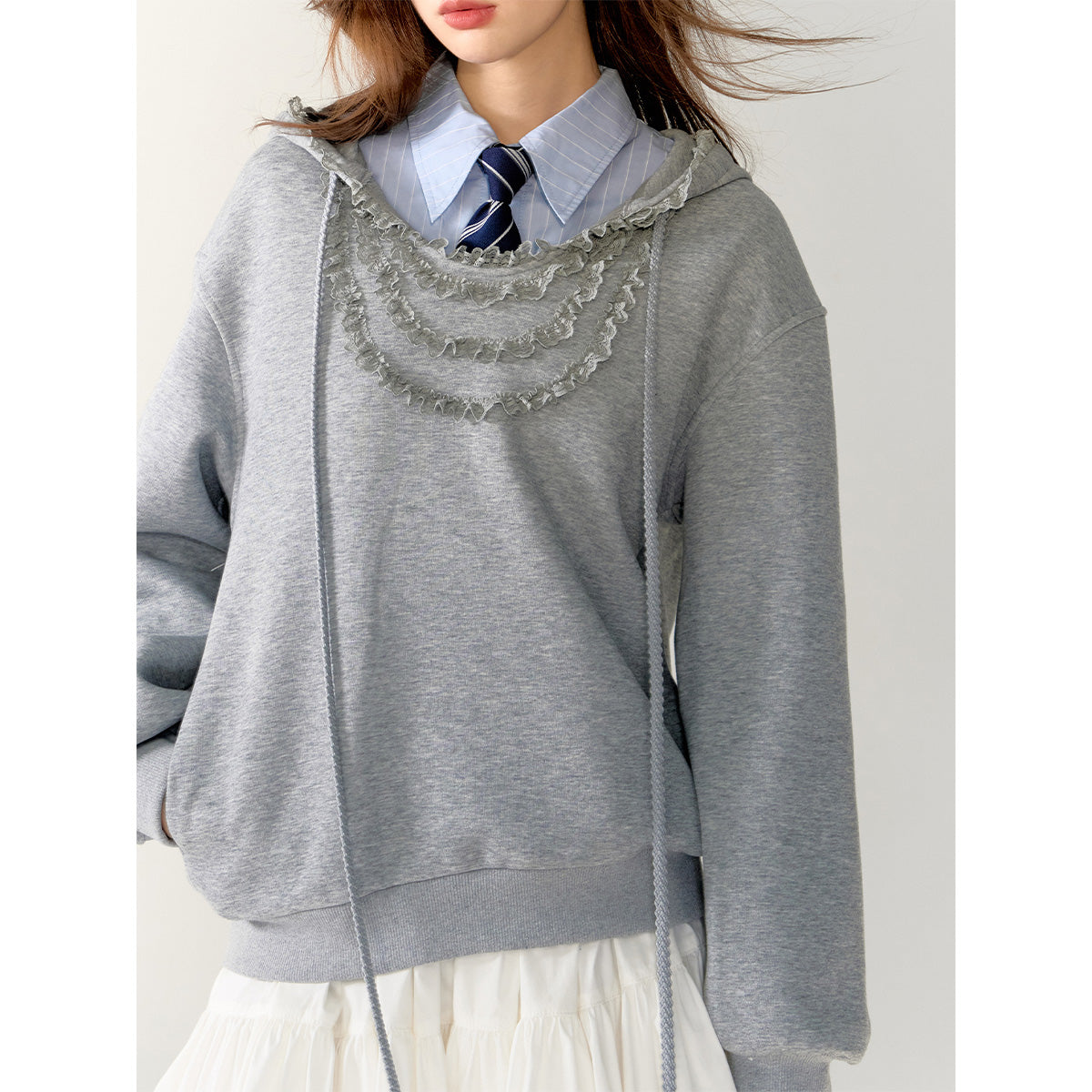 AsGony 3D Lace Edge Patchwork Casual Sweater Gray