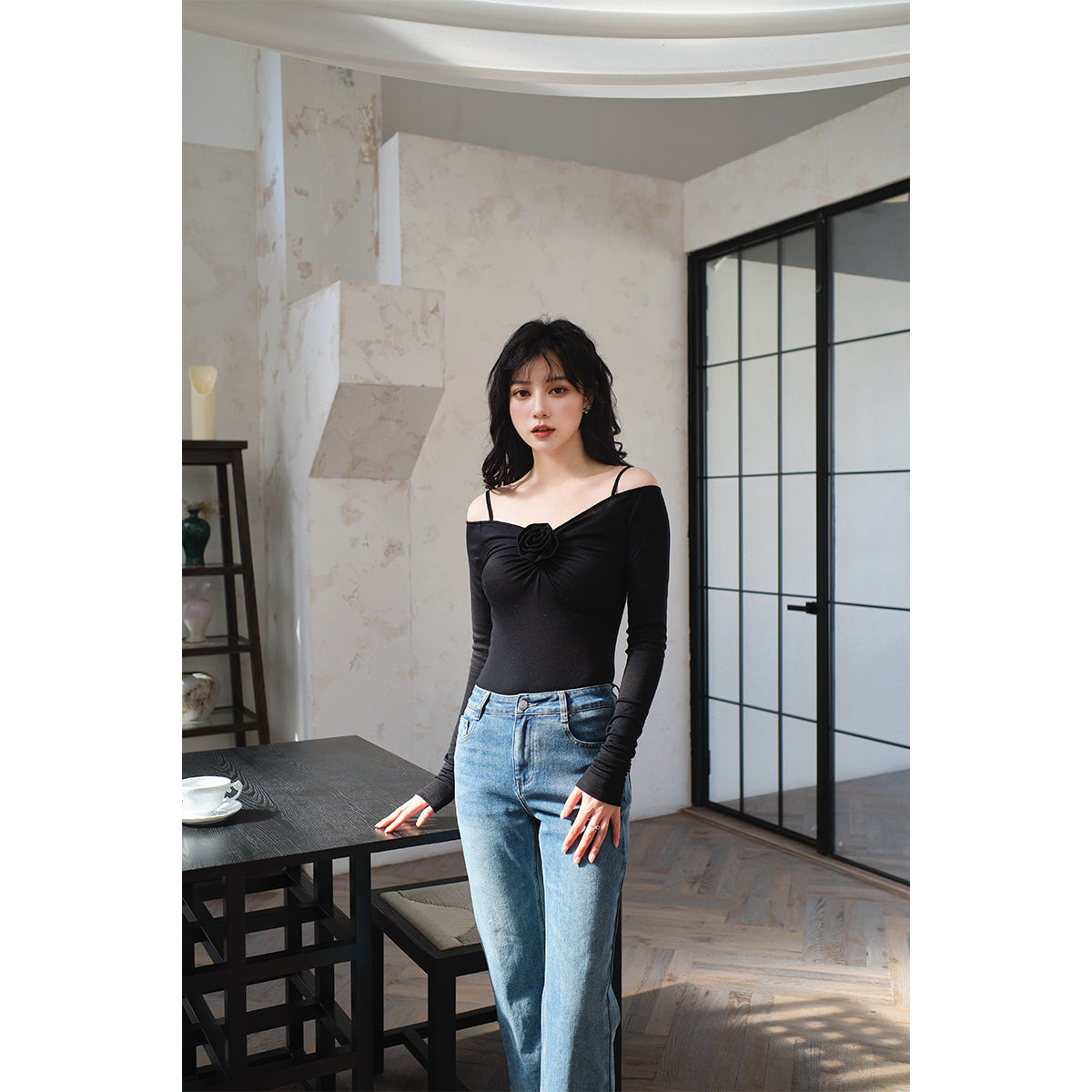 Three Quarters Plush Rose Slim Knit Sling Top Black