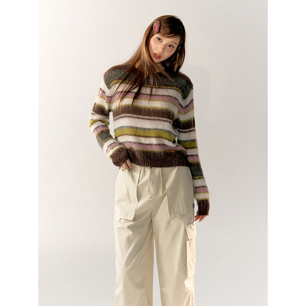 AsGony Contrast Color Striped Knit Sweater Brown