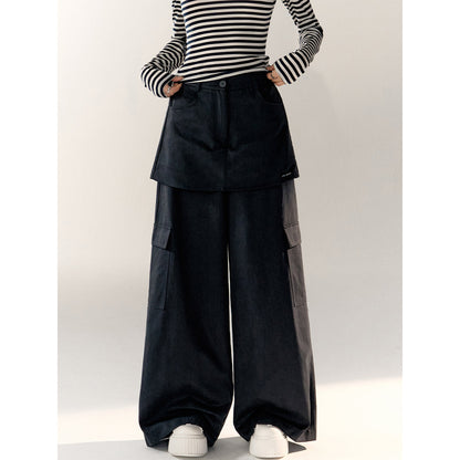 AsGony Fake-2-Piece Wide-Leg Casual Cargo Pants Navy Blue