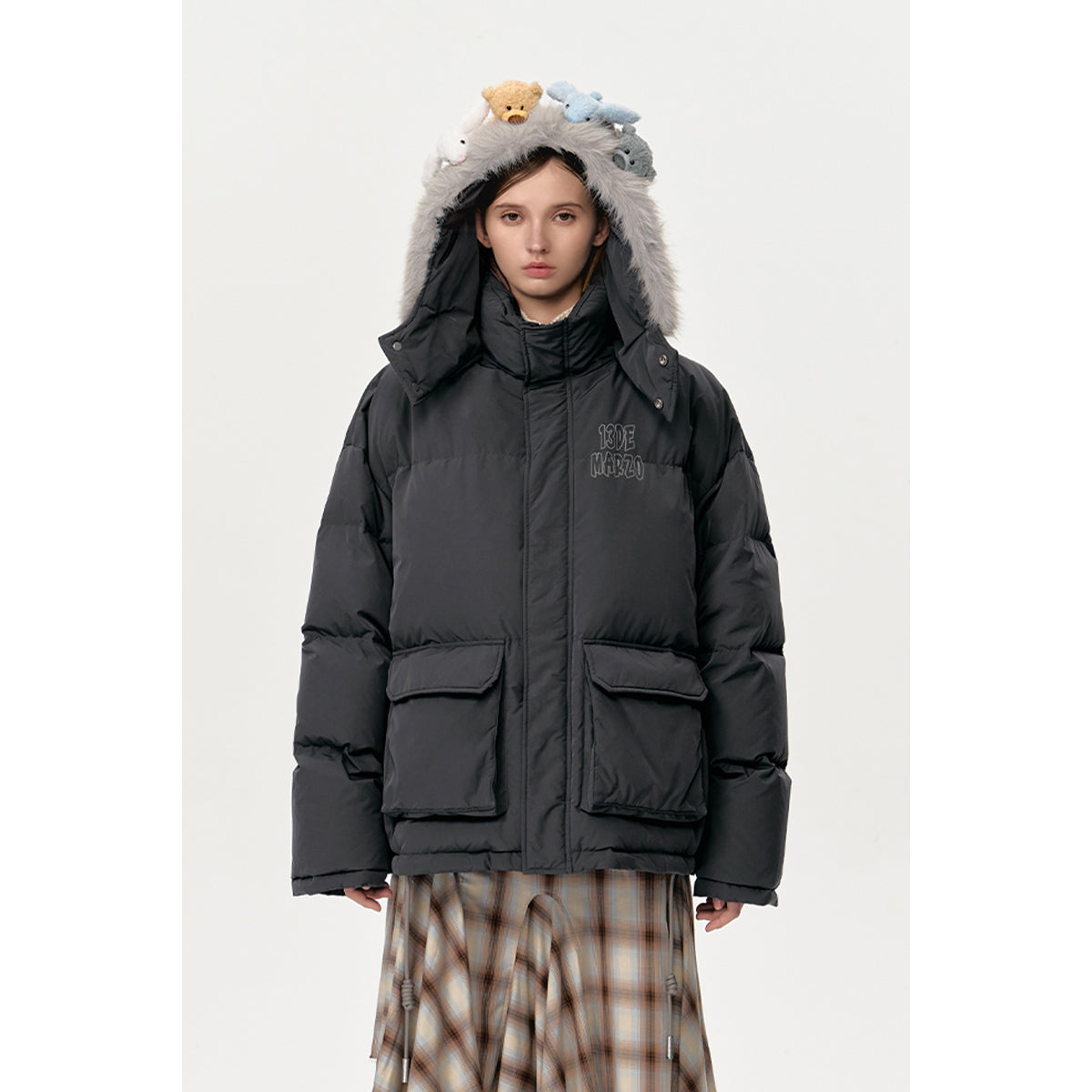 13De Marzo Plush Bear Friends Down Jacket Dark Grey