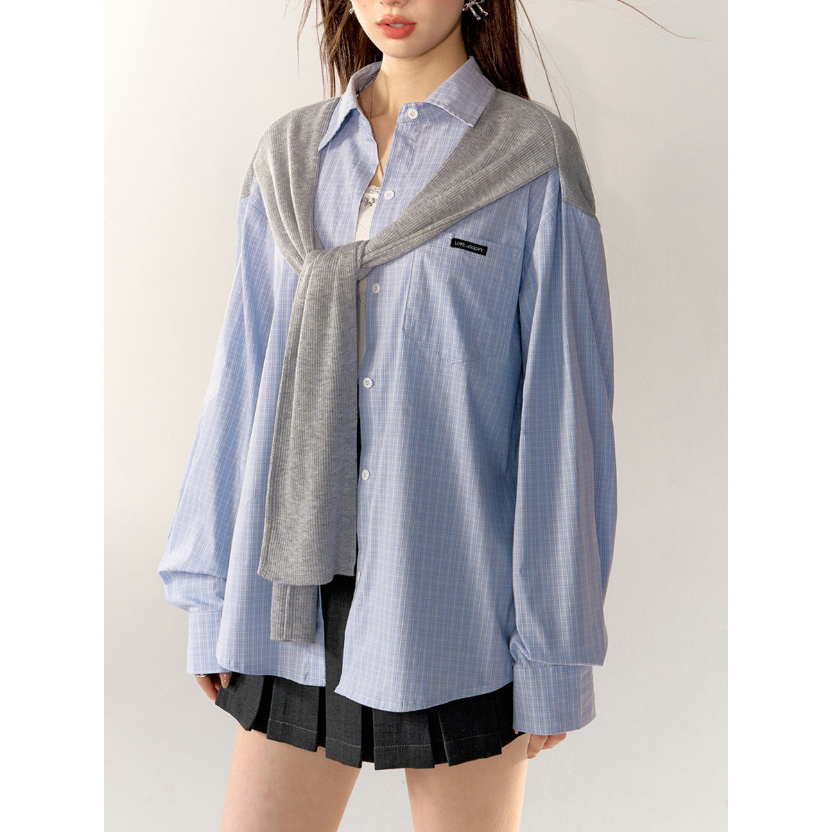 AsGony Fake-2-Piece Shawl Plaid Casual Shirt Blue