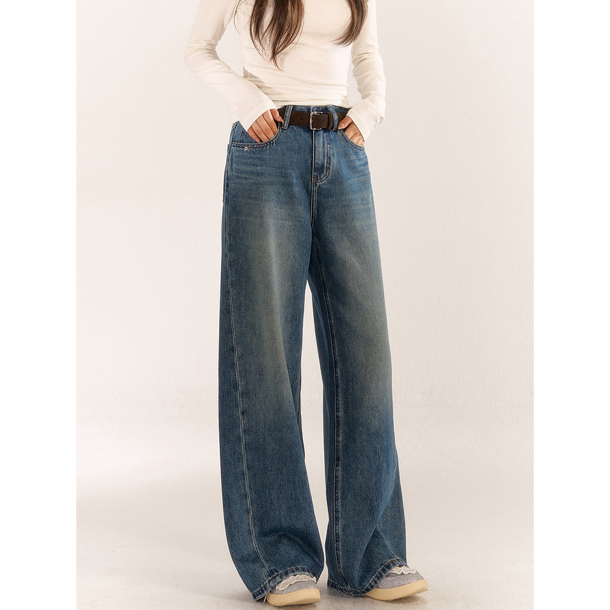 AsGony High Waist Wide-Leg Washed Casual Jeans