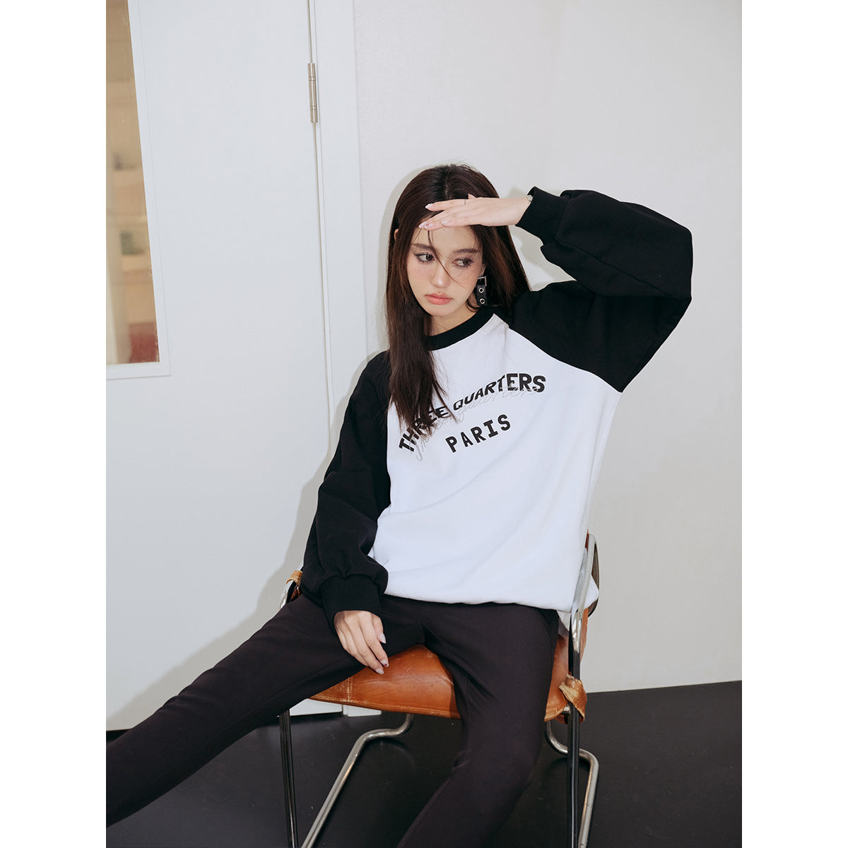 Three Quarters Rhinestone Printed Crew Neck Sweater Black