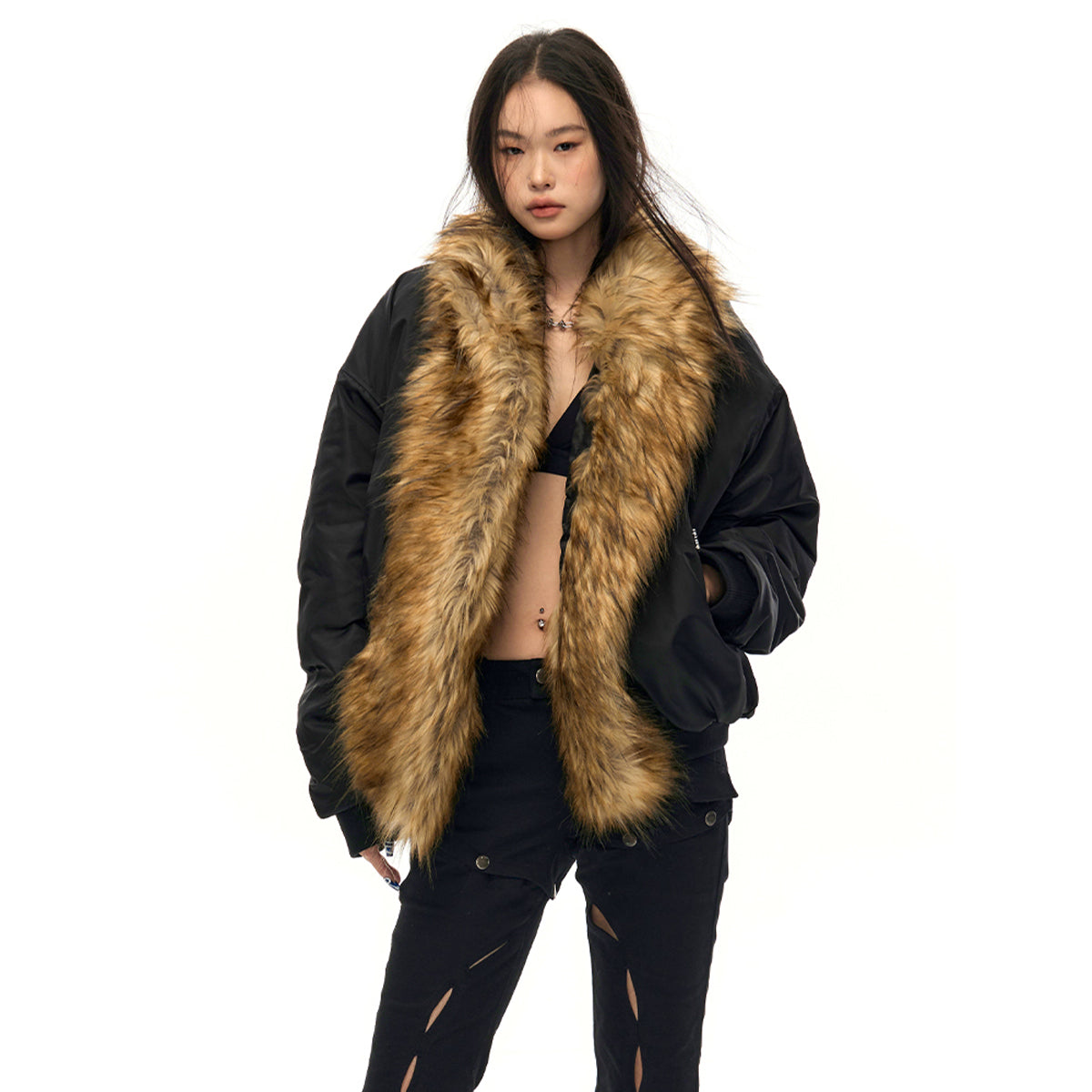 NotAwear Faux Fur Collar Bomber Jacket Black