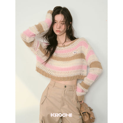 Kroche Color Blocked Striped Hollow Knitted Sweater