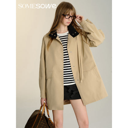 SomeSowe Detachable Big Bow Long Jacket Khaki