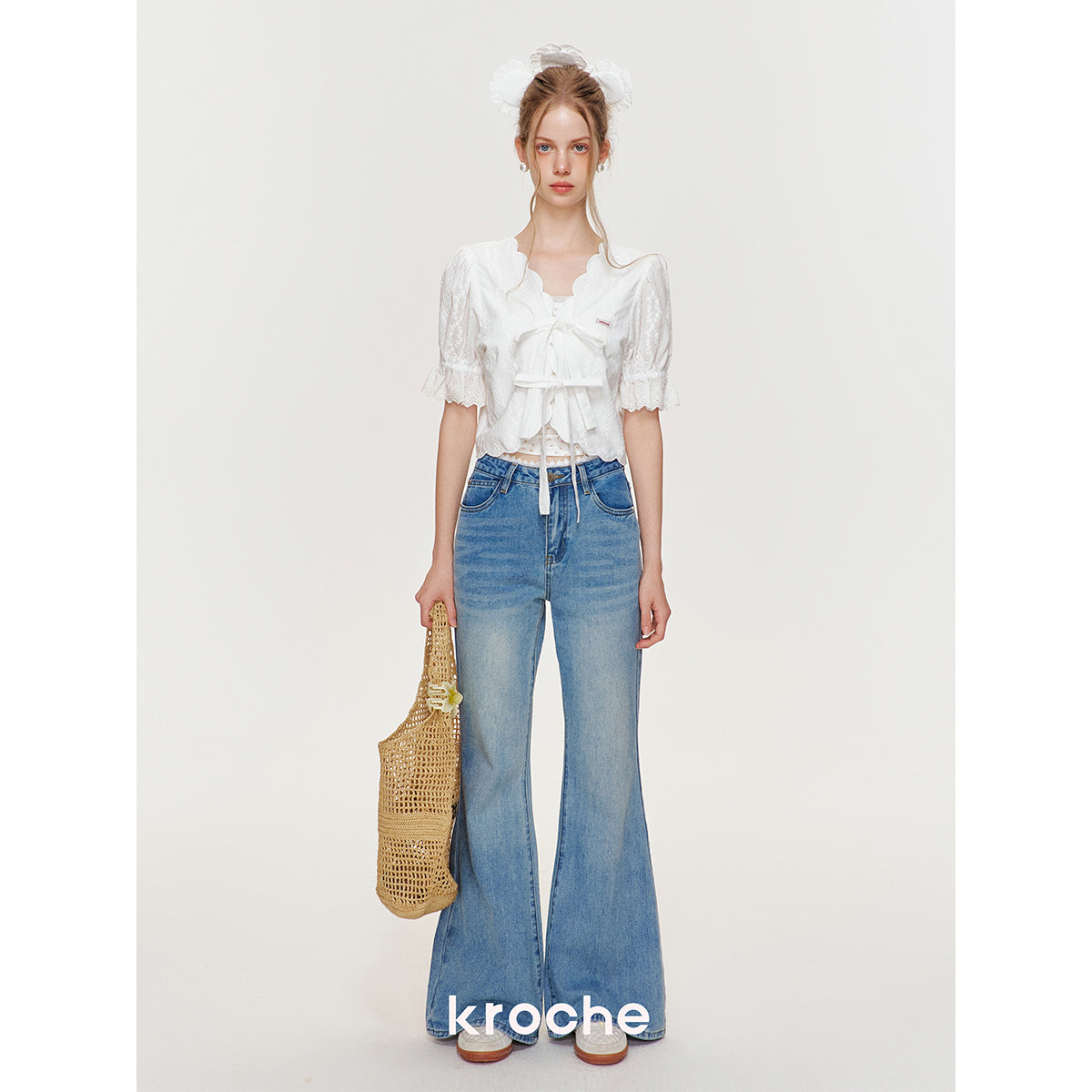 Kroche Lace Bow Lace Up Shirt Top White