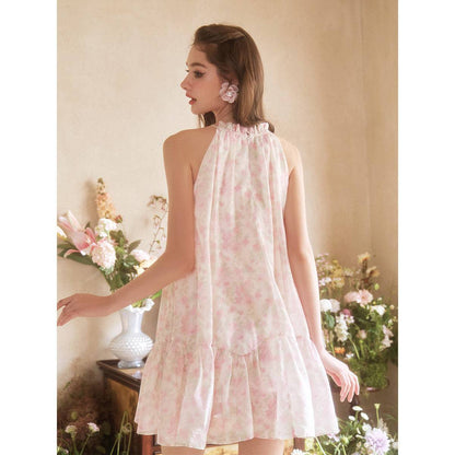 Three Quarters French Style Floral A-Line Halter Dress