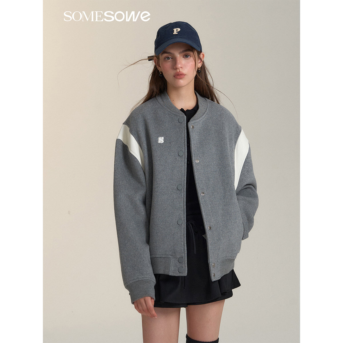 SomeSowe Leather Patchwork Woolen Jacket Gray