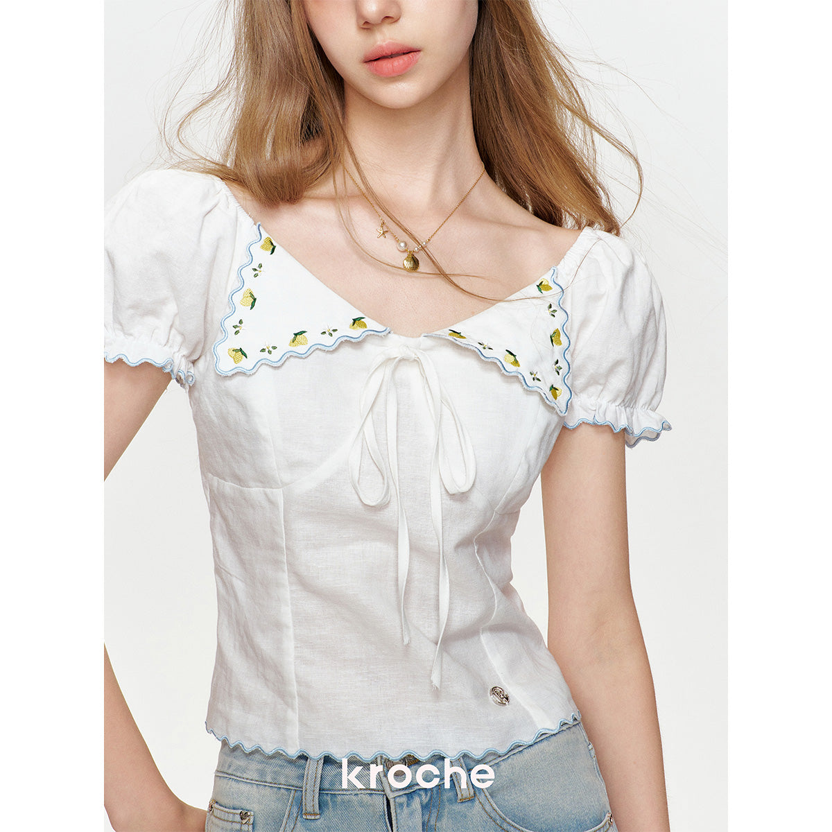 Kroche Lemon Embroidery Lace Up Shirt Top White