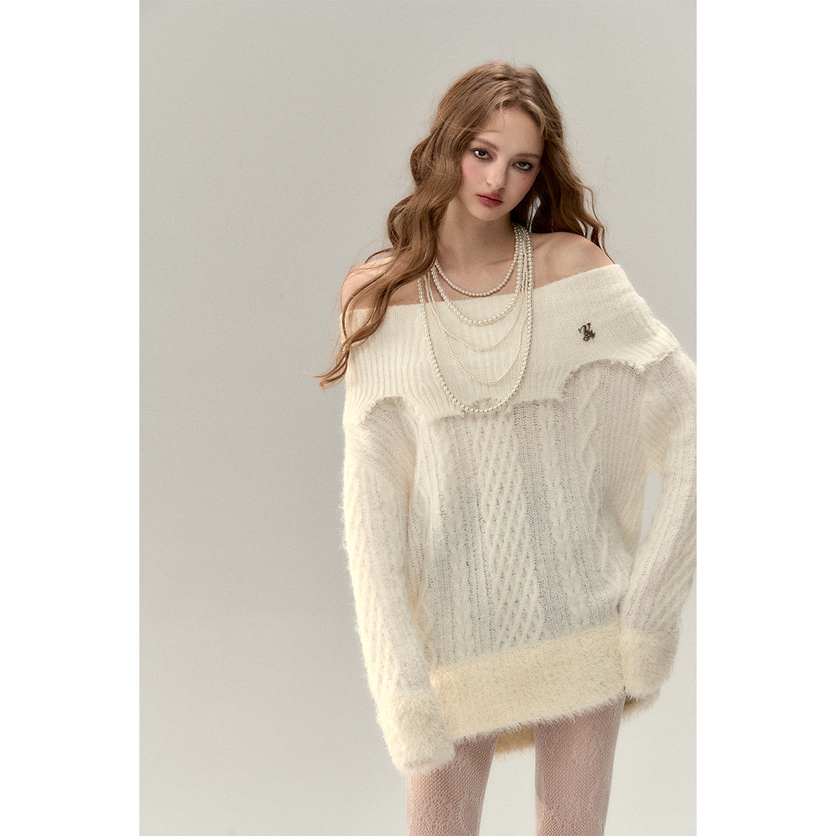 Via Pitti Destroy Cutting Off-Shoulder Knit Sweater Dress White