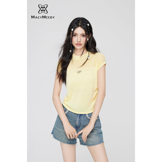 MacyMccoy Metal Logo Hollow Pleated Knit Top Yellow