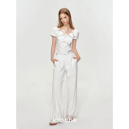 Kroche Drawstring Linen Wide-Leg Pants White