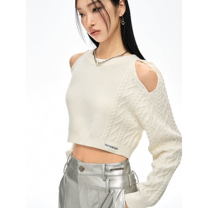 NotAwear Hollow Out Cutting Crop Knit Sweater White