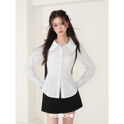 Kroche Color Blocked Doll Collar Slim Shirt White