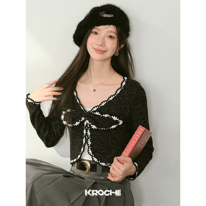 Kroche Color Blocked Bow Tie Knitted Cardigan Black