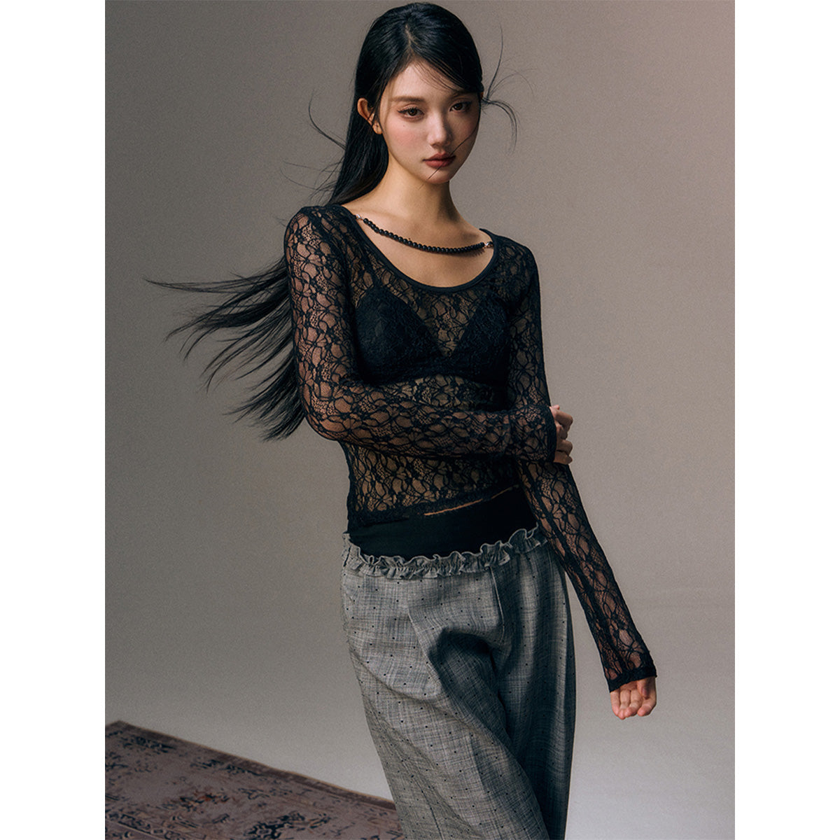 AGAM Lace Mesh L/S Top Black