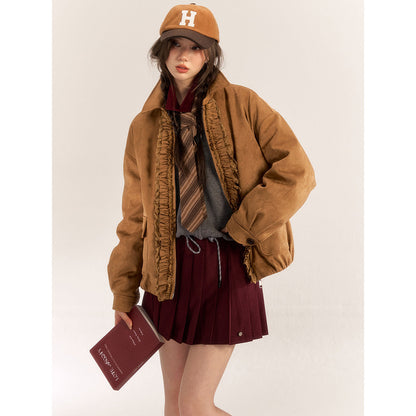 AsGony Lace Stringy Suede Down Jacket Brown