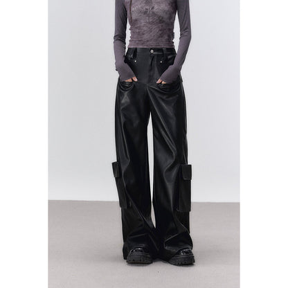 Via Pitti 3D Large Pocket Wide-Leg Leather Pants Black