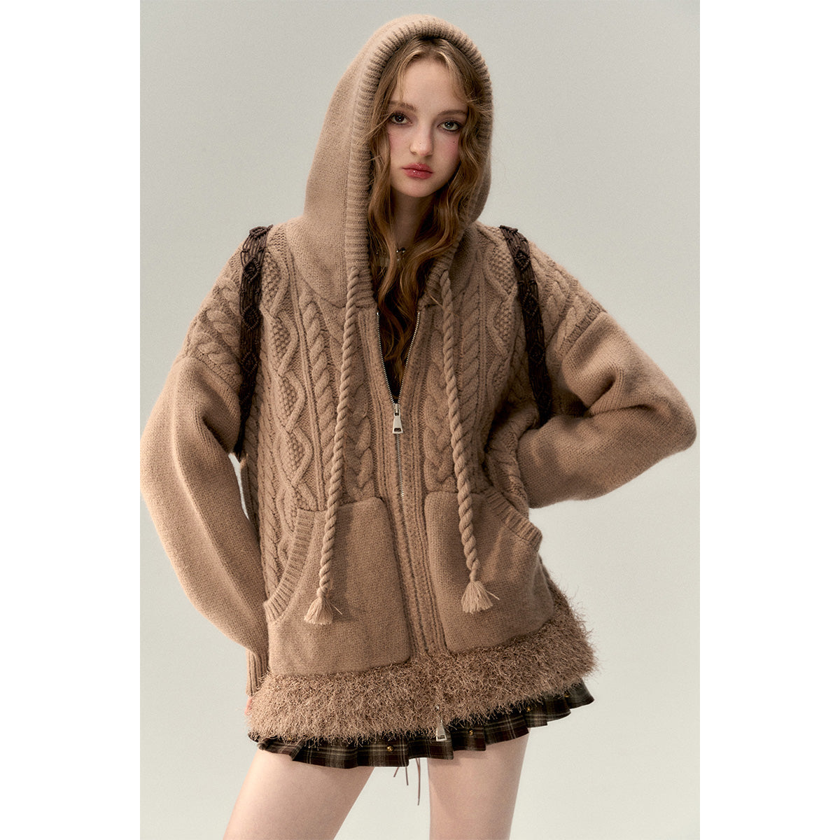 Via Pitti Fuzzy Edge Hooded Twist Knit Zipped Cardigan Brown