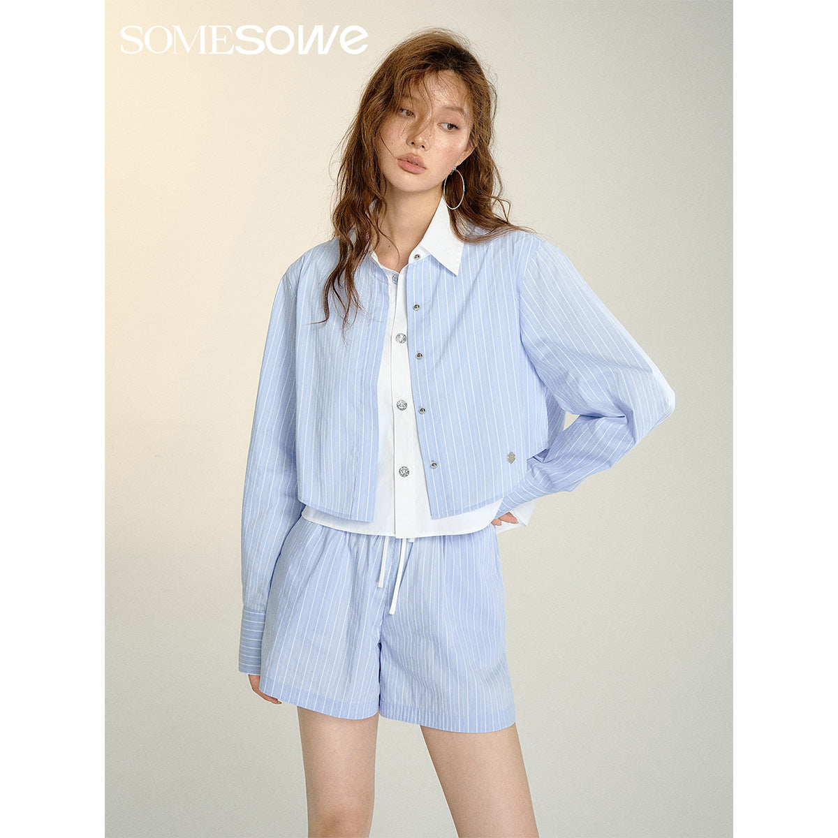 SomeSowe Folded Fake-2-Piece Striped Short Shirt