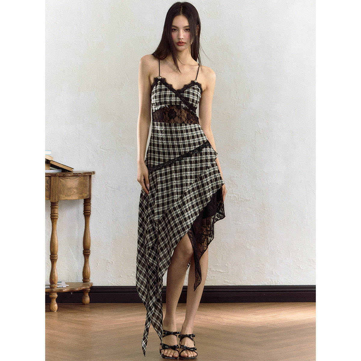 AGAM Irregular Hem Plaid Lace Patchwork Dress