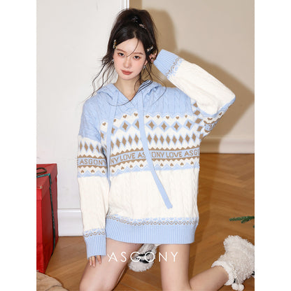 AsGony Fair Isle Oversized Knit Sweater Baby Blue