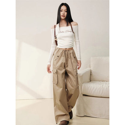 Liilou Vintage Pocket Drawstring Straight-Leg Cargo Pants