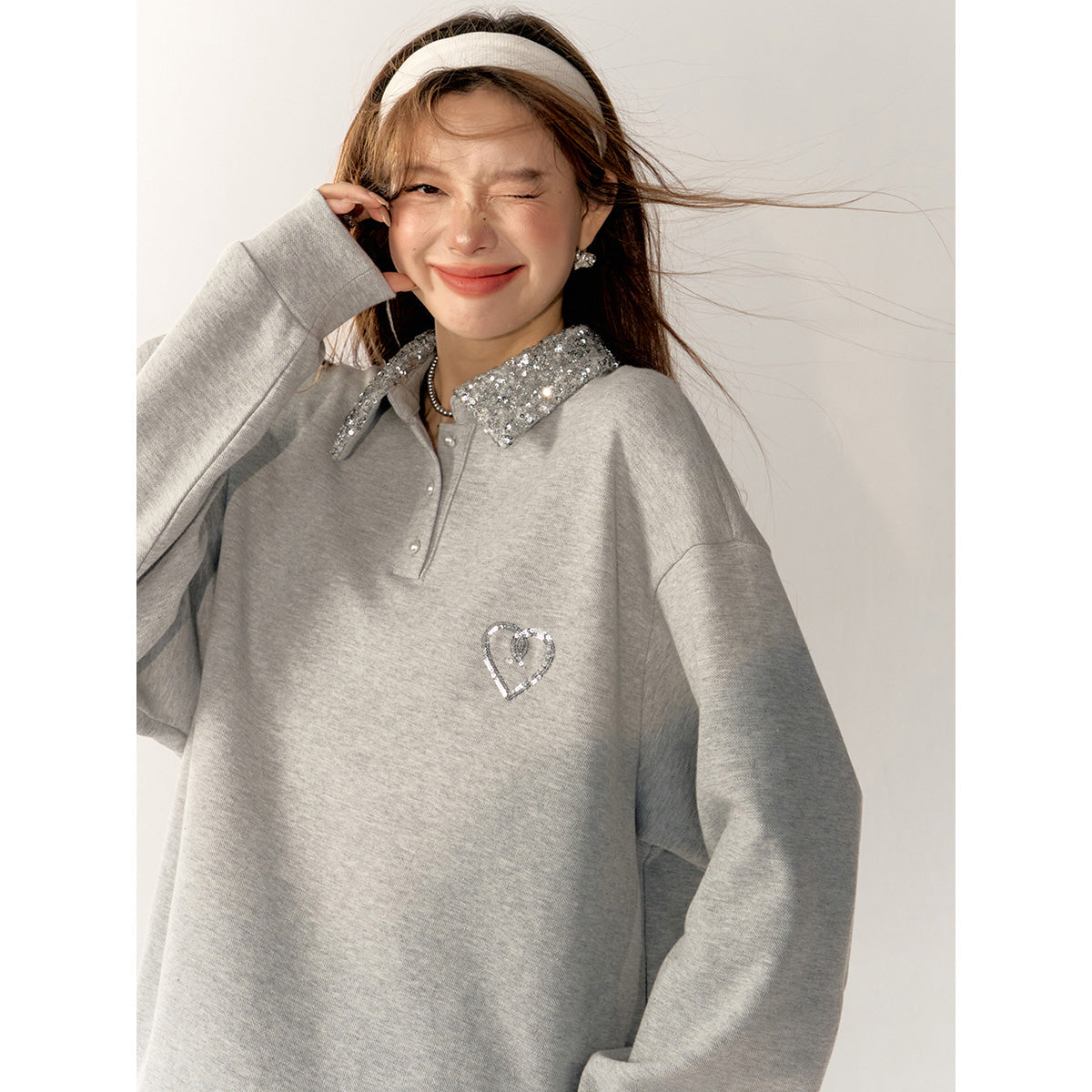 AsGony Embroidery Sequin Lapel Casual Sweater Gray