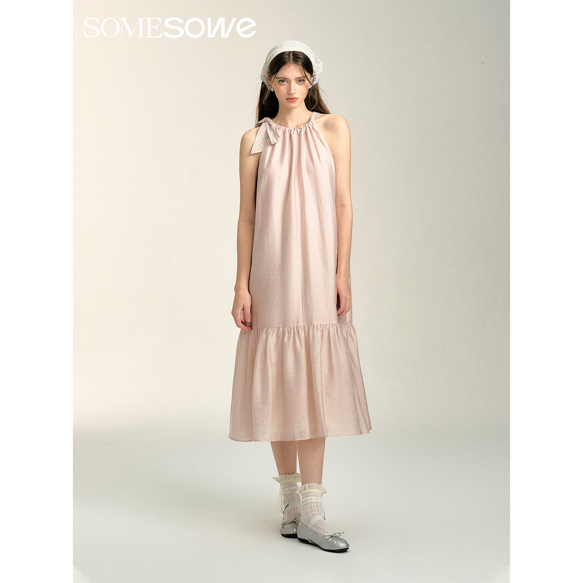 SomeSowe Bow Lace Up Halter Long Dress Pink