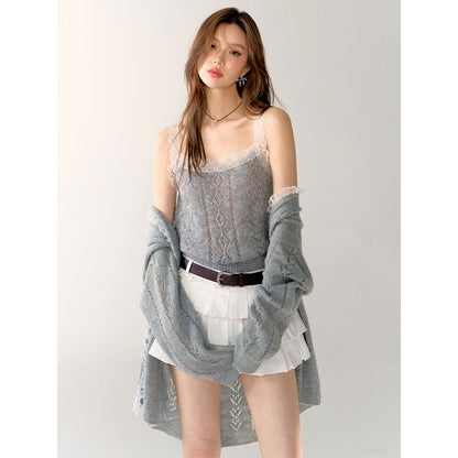 AsGony Lace Edge Hollow Cutting Knit Slip Vest Gray