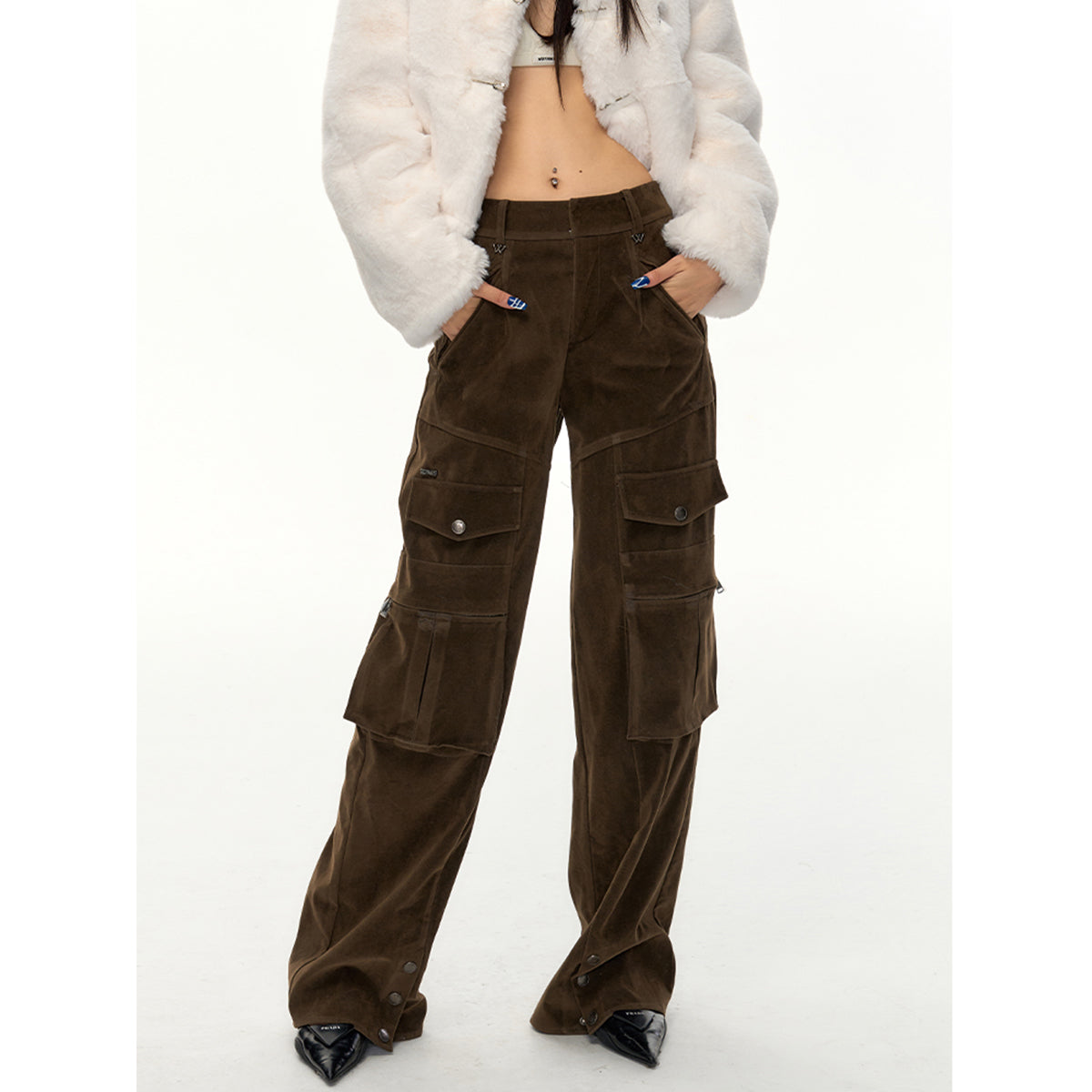 NotAwear Casual Matt Leather Cargo Straight-Leg Pants