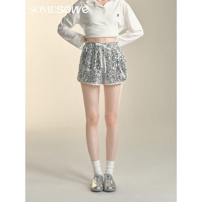 SomeSowe Drawstring Sequin Shorts Sliver