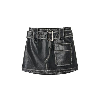 Via Pitti Distressed Heavy Washed Leather Skirt Black