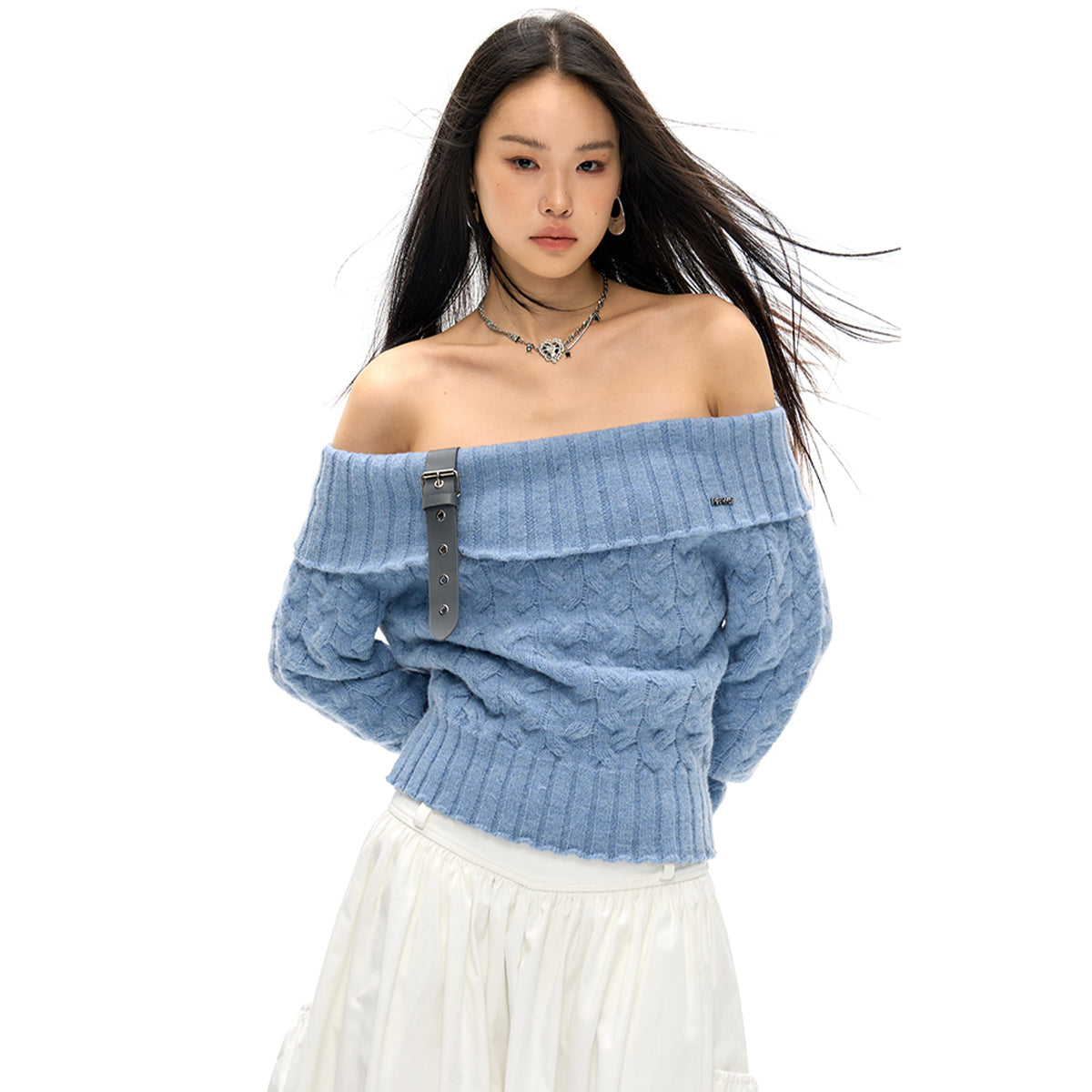 NotAwear Detachable Belt Off-Shoulder Knit Top Blue