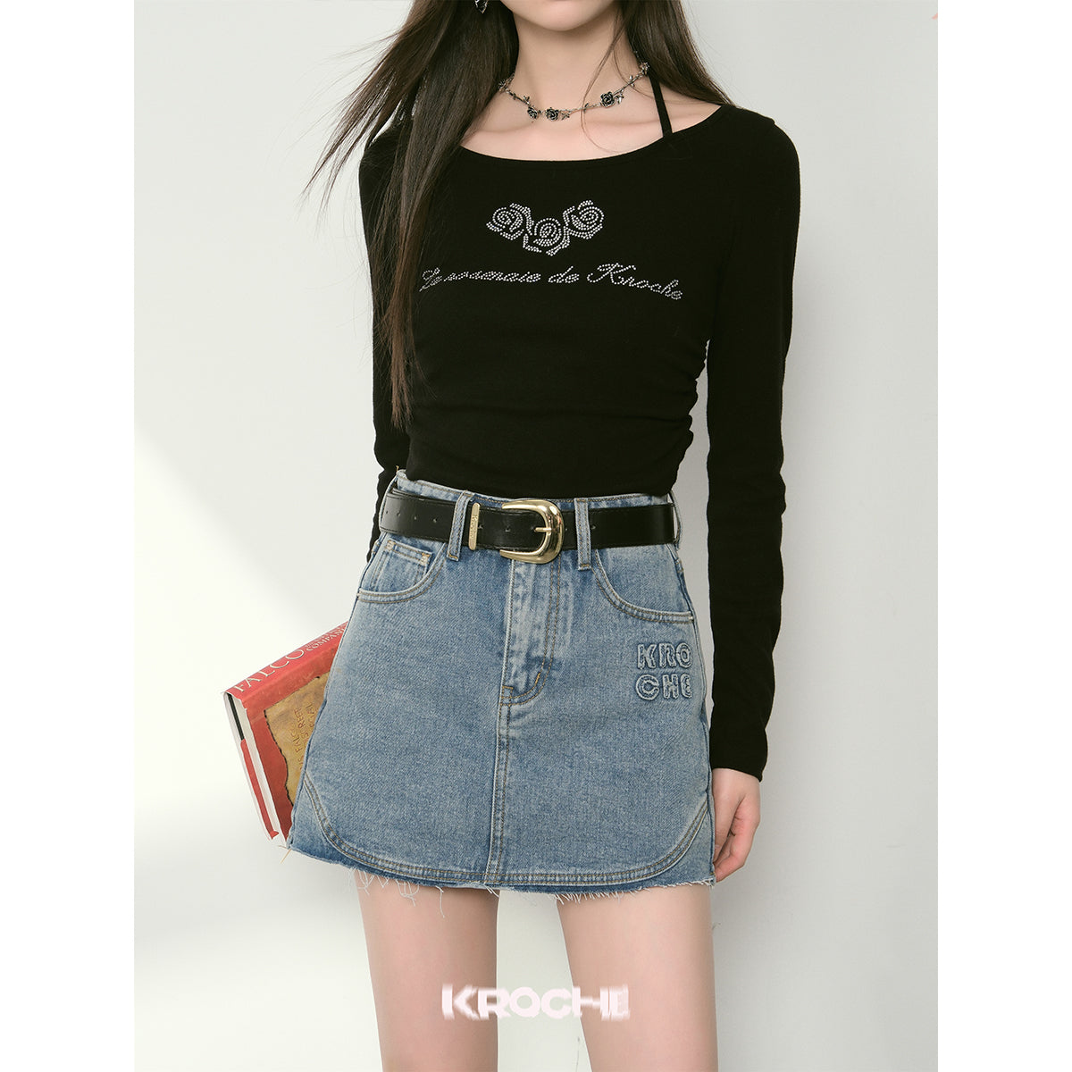 Kroche Denim Logo Embroidery Skirt Blue