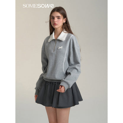 SomeSowe Contrast Color Lace Edge Polo Sweatshirt Gray