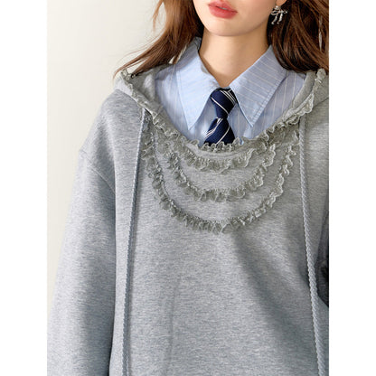 AsGony 3D Lace Edge Patchwork Casual Sweater Gray