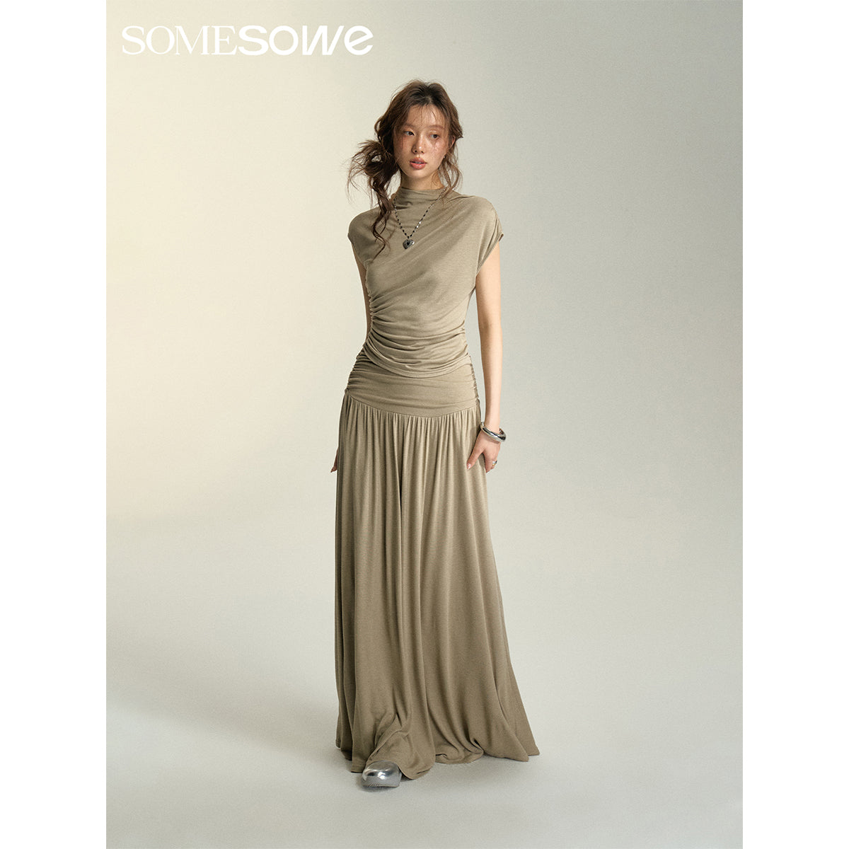 SomeSowe Heaped Ruffle Long Skirt Khaki