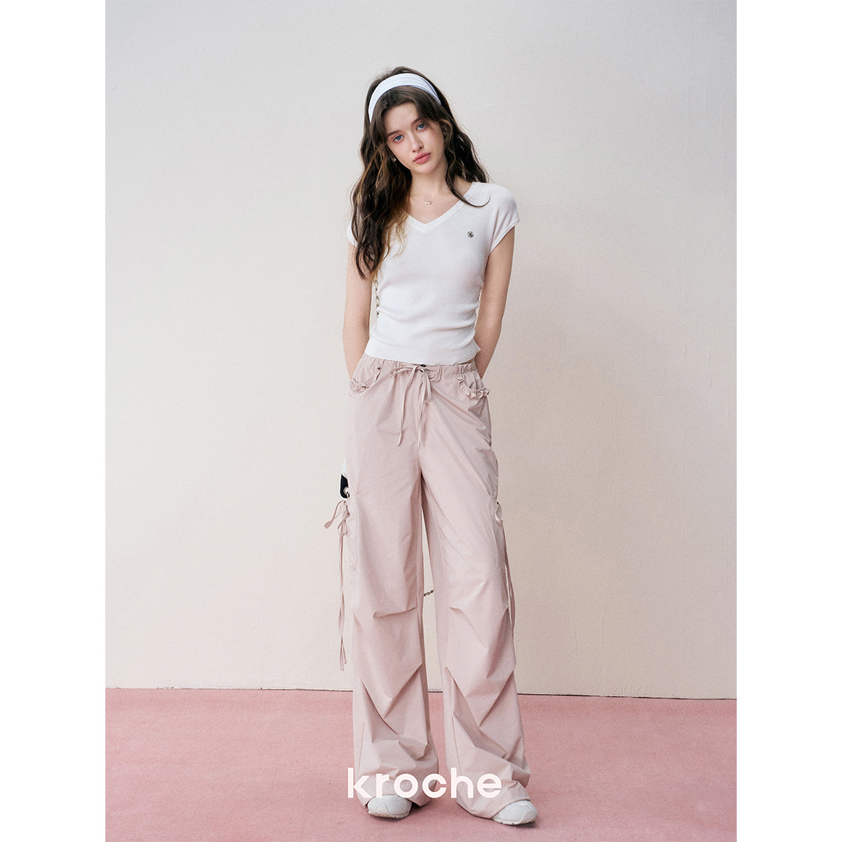 Kroche Lace Patchwork Bow Lace Up Cargo Pants Pink