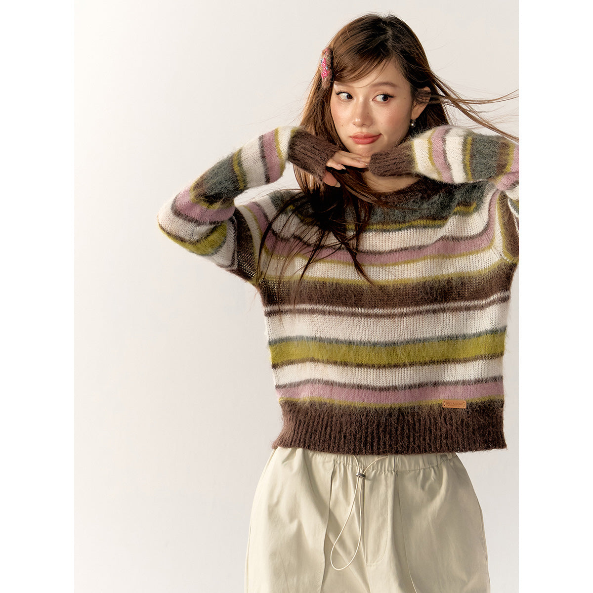 AsGony Contrast Color Striped Knit Sweater Brown