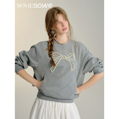 SomeSowe Bow Beaded Crewneck Sweatshirt Gray