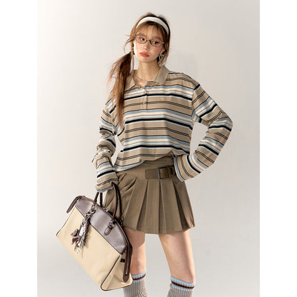 AsGony Striped Lapel Casual L/S T-Shirt Blue