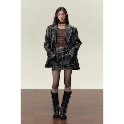 Via Pitti Distressed Heavy Washed Leather Skirt Black