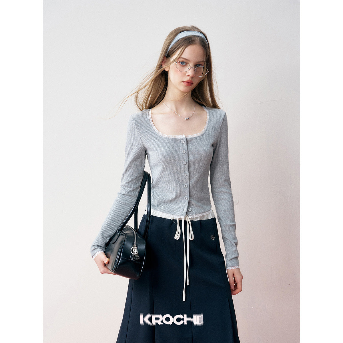 Kroche Lace Patchwork Knit Cardigan Grey