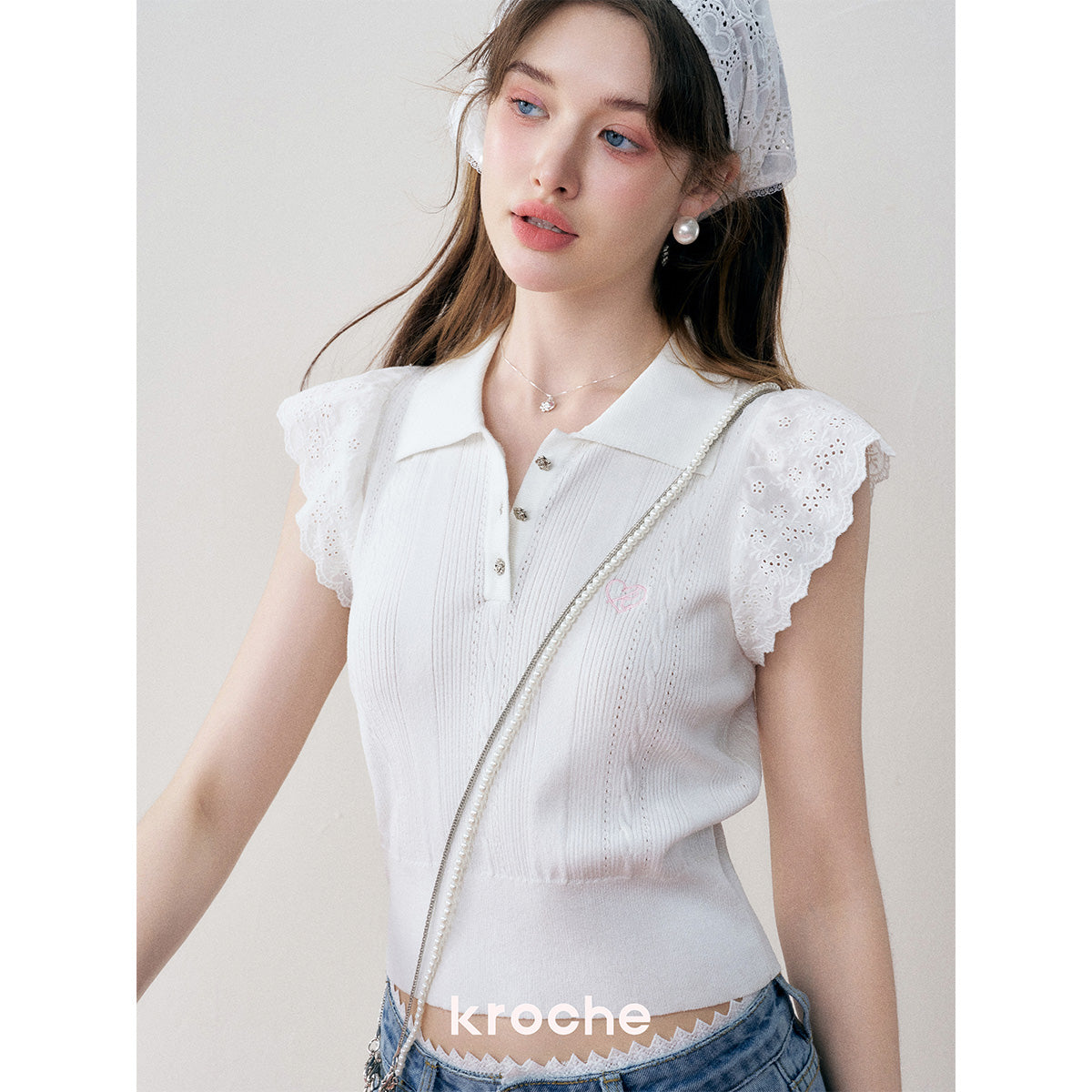 Kroche Lace Patchwork Embroidery Knit Top White