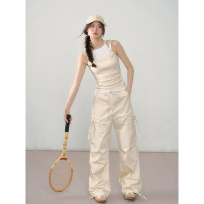 AsGony Thin Loose Straight Wide-Leg Cargo Pants Khaki